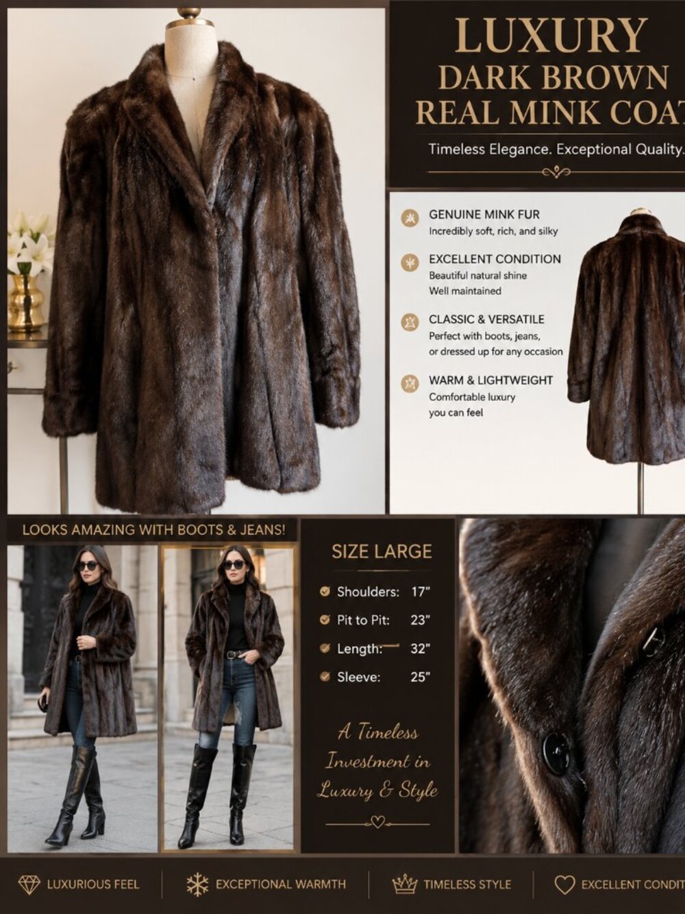 Dark Brown Real Mink Fur Coat – Luxury Jacket – Size Large – Excellent